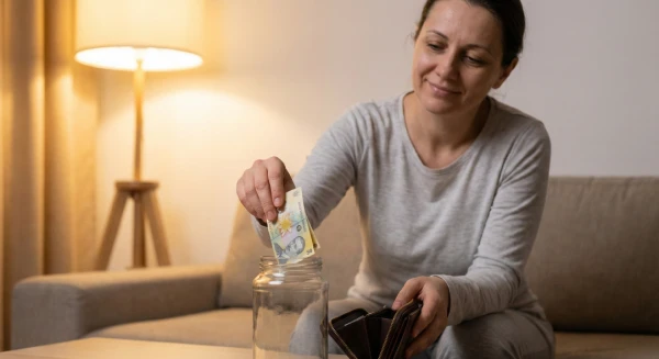 O femeie zâmbitoare pune o bancnotă de 50 de lei într-un borcan simplu, ilustrând principiul că orice sumă mică economisită constant este valoroasă