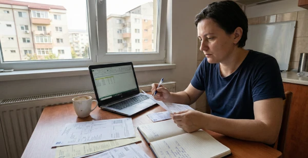 Birou cu agendă, calculator și bonuri fiscale, ilustrând procesul de analiză și reducere a cheltuielilor recurente și a utilităților