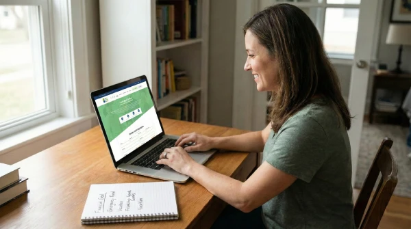 O persoană analizează pagina principală a site-ului Biroul Credite Rapide pe laptop, având alături o listă scrisă cu obiective de economisire